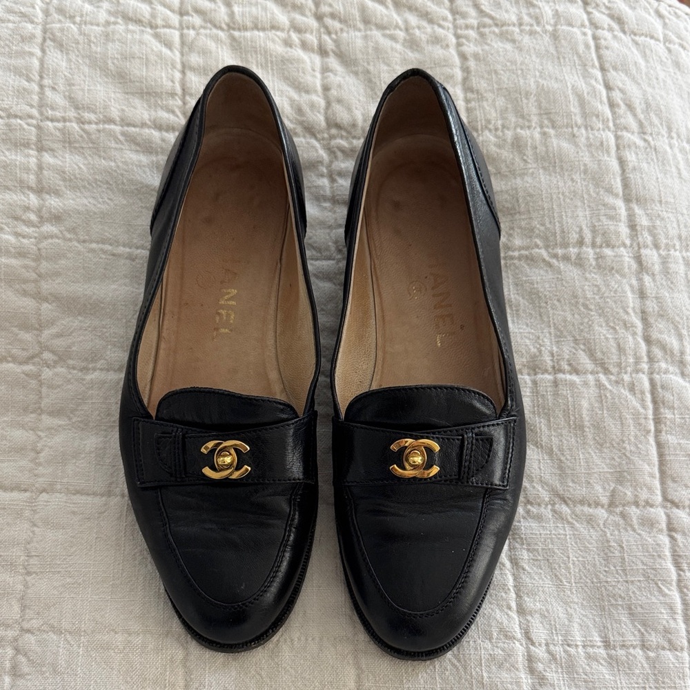 CHANEL Black Leather Loafers with 24k Gold CC Logo